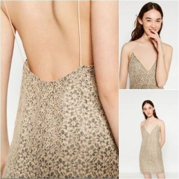 Zara Lace Strappy Tank Slip Open Back Mini Dress Grey Beige Size M - Picture 2 of 10